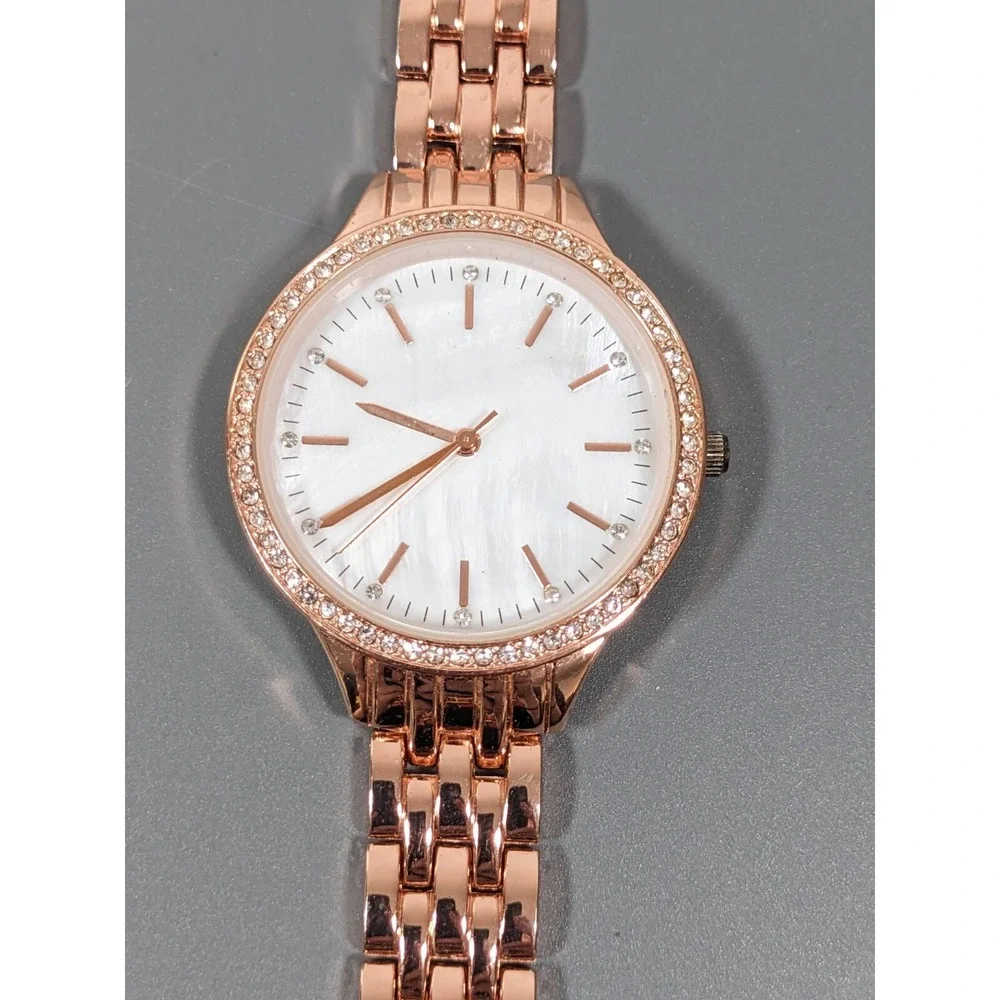 INC Rose Gold Tone Panther Link Mother of Pearl Crystal Accent Watch‎